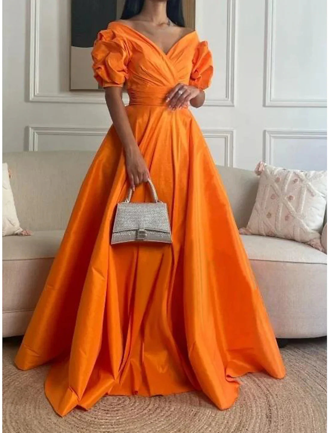 Luolandi A-Line Evening Gown Elegant Dress Formal Prom Floor Length 3/4 Length Sleeve Sweetheart Satin with Ruched Solid Color